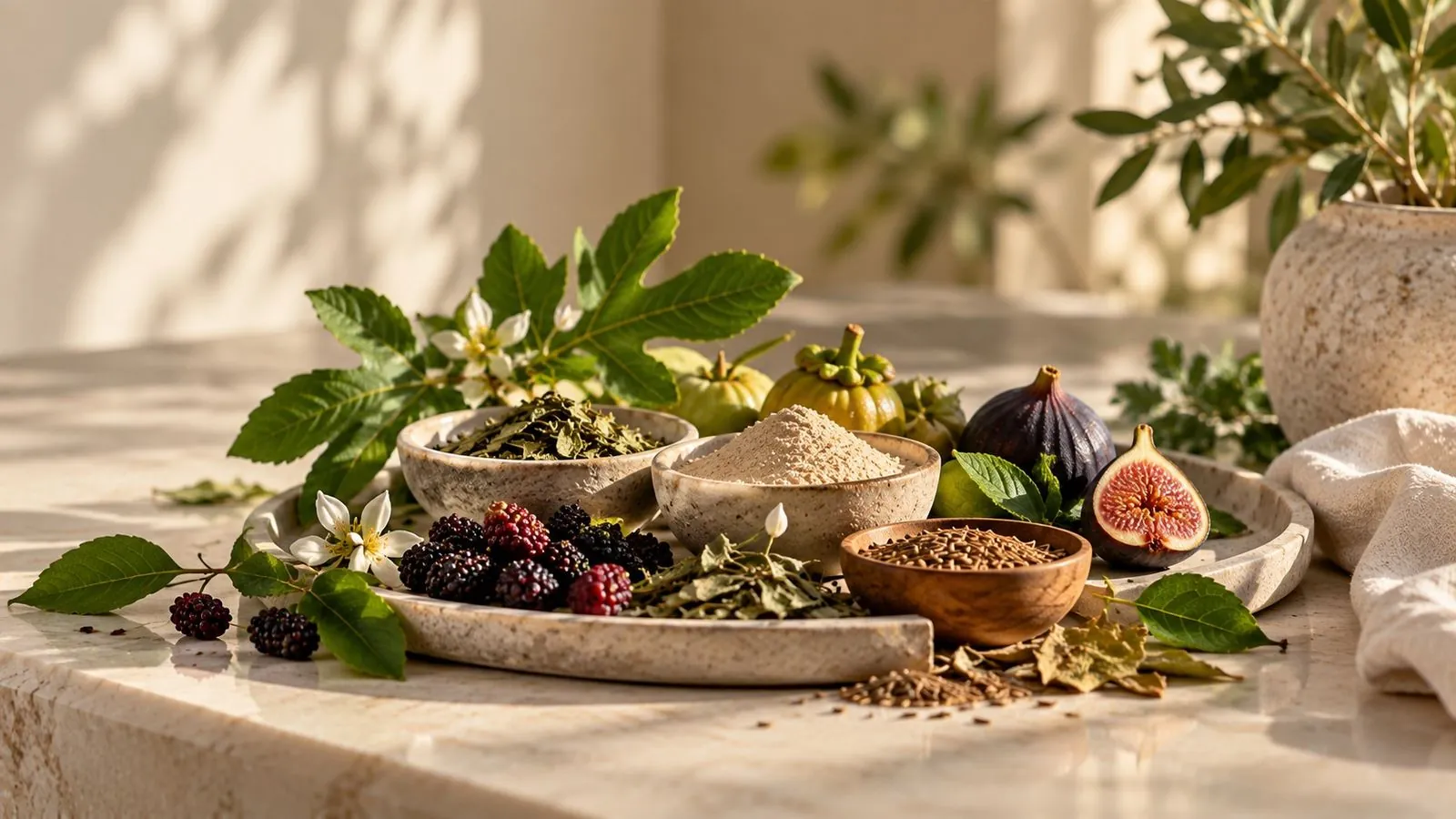 Thai botanicals, dried leaves, figs and mulberries on stone